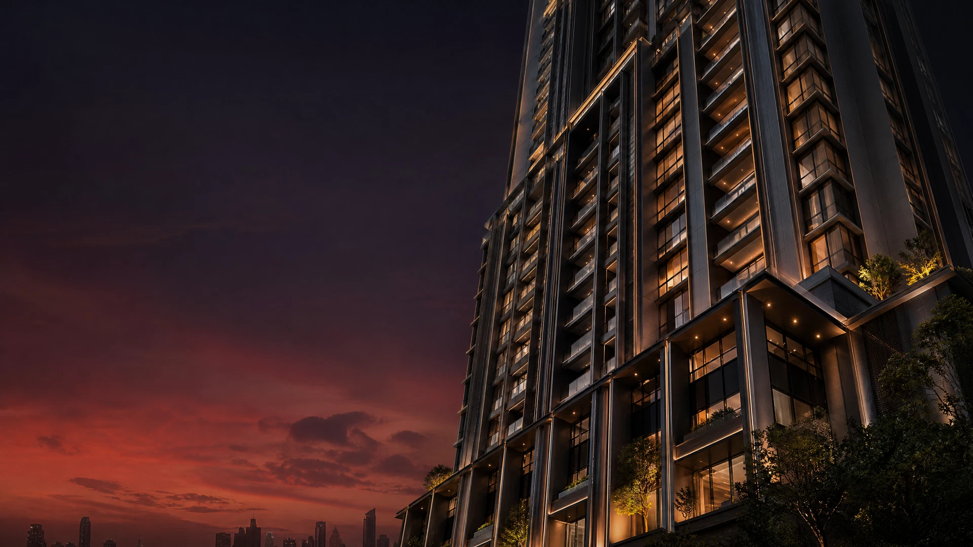 Modern urban residence exterior at dusk